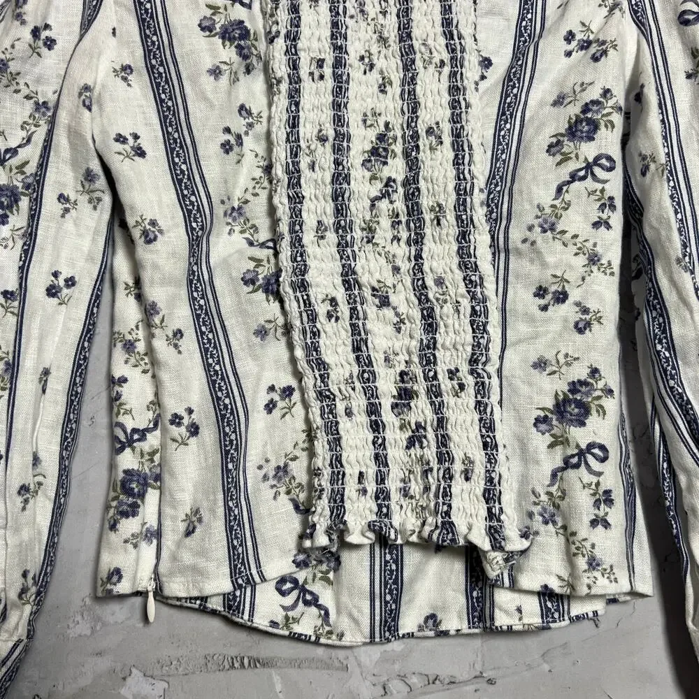 Reformation Linen Smocked Puff Sleeve Top SIZE 2 White Blue Floral